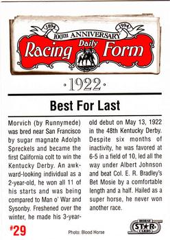 1993 Horse Star Daily Racing Form 100th Anniversary #29 Morvich Back